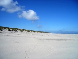 a beach with footprints in the sand and a blue sky at Haus Nixe Kachelot in Juist +2 photos