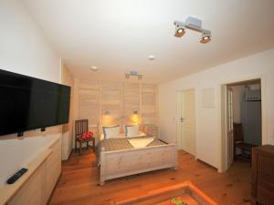 a bedroom with a bed and a flat screen tv at ENA Ferien Strandkiste in Juist