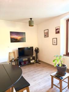 a living room with a tv and a table at T2 centre Ville Proche des pistes in Briançon +1 photo