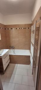 Řadovka Bílá في بيلا: حمام مع حوض استحمام ومغسلة