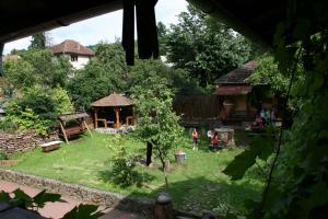 a view of a garden with people in the yard at Arts and Crafts Guesthouse in Baia-Sprie