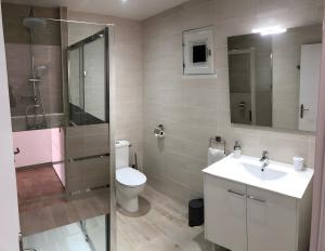 ein Badezimmer mit Toilette, Waschbecken und Dusche in der Unterkunft Gîtes Villa Beau Soleil Agde in Agde + 13 Fotos