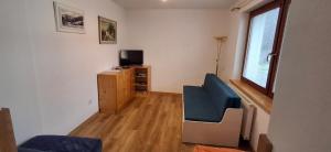 Řadovka Bílá في بيلا: غرفة معيشة بها كرسي ازرق وتلفزيون