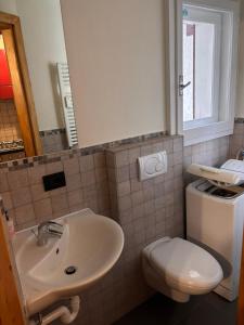 een badkamer met een wastafel, een toilet en een spiegel bij L'Atelier du Temps - Il Sogno di GI in Courmayeur +12 foto's
