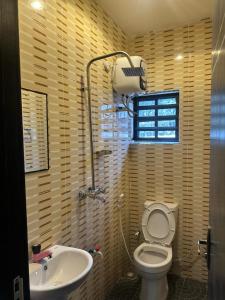 a bathroom with a toilet and a sink at Tway Apartments in Ilorin