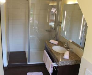 a bathroom with a sink and a shower at Wirtshaus & Hotel Goldener Greif in Edelsfeld