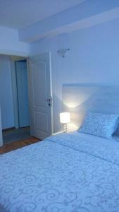 a blue bedroom with a bed with a lamp at Apartment Zindan in Belgrade