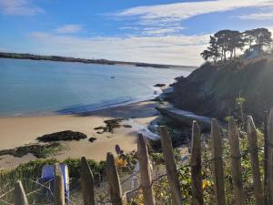 een uitzicht op een strand met een hek en de oceaan bij Agapanthe blanche in La Garde