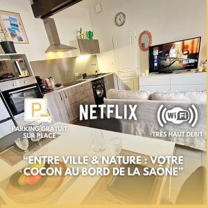 Appartement Business Lyon nord Gare & A6 في Saint-Germain-au-Mont-dʼOr: غرفة معيشة مع أريكة وتلفزيون