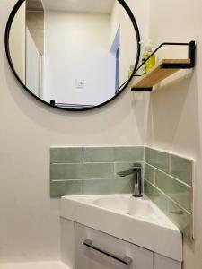 une salle de bains avec un lavabo et un miroir dans l'établissement Appart'Hotel au Pradet, au Pradet 28 autres photos