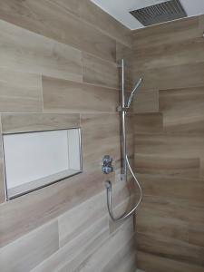 e bagno con doccia e parete in legno. di Ferienwohnung Dauth a Kressbronn am Bodensee Altre 16 foto
