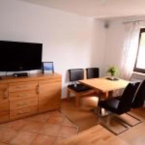 un soggiorno con tavolo e TV in un armadio di Ferienwohnung Dauth a Kressbronn am Bodensee