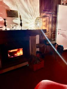 a fireplace in a living room with a fire at Maison de village in Zevaco +21 photos