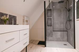 Saint-BéronにあるLe petit refugeのガラスドア付きのシャワー付きのバスルーム +10枚の写真