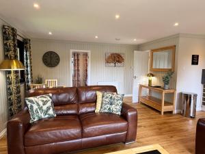 Bluebell Lodge 5 with Hot Tub في نيوتن ستيوارت: غرفة معيشة مع أريكة جلدية بنية اللون