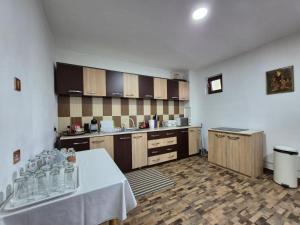 a large kitchen with a table in a room at La Nelutu Ceterasu in Ocna Şugatag