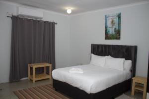 a bedroom with a bed with a black headboard at Moxwini Self Catering Apartments in Maun