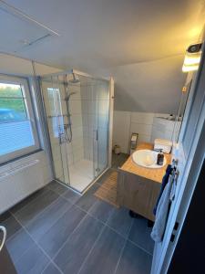 Funnenser Deichhaus في انجرلاند: حمام مع حوض ودش