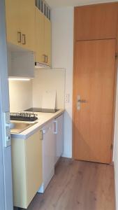 eine Küche mit Holztür und weißem Kühlschrank in der Unterkunft home31 in Hemmingen