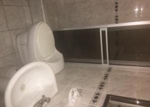 a bathroom with a white toilet and a sink at Hostal El Candelabro in Pisco