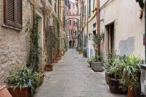 een steegje met potplanten aan de zijkant van een gebouw bij 5 Terre - Lerici - Piccolo Golfo in Lerici