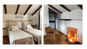 two pictures of a bedroom with a bed and a chair at La Colombara in Ponte dellʼOlio