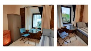 two pictures of a living room with a couch and a bedroom at La Colombara in Ponte dellʼOlio