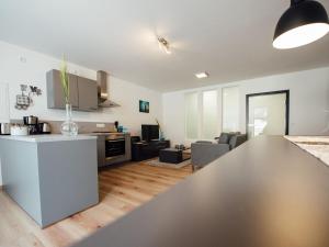 Die Gönothek - Ferienwohnungen في إبهوفين: مطبخ وغرفة معيشة مع كونتر توب