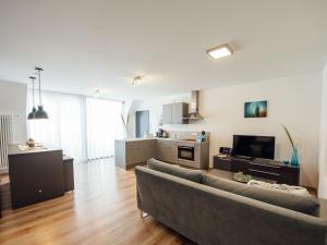 Die Gönothek - Ferienwohnungen في إبهوفين: غرفة معيشة مع أريكة ومطبخ