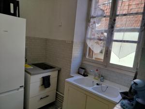 une petite cuisine avec un évier et une fenêtre dans l'établissement Les Gîtes Chez Léo, à Bar-sur-Aube