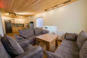 una sala de estar con un sofá y una mesa en Gudauri Private Cottage 2, en Gudauri