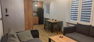 ein Wohnzimmer mit Sofa und Tisch in der Unterkunft Apartament u Jacka - 400m od Zamojskiej Starówki in Zamość