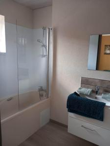 un bagno con vasca, lavandino e doccia di Les Brimbelles a Brû
