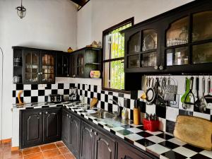 a kitchen with a black and white checkered wall at Paddy View Villa in Pedinnoruwa