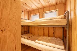 une chambre avec deux lits superposés dans une cabine dans l'établissement Bungalow 6 - Anglerinsel, à Kollm