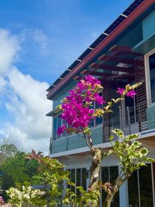 SaraTUBURAN Poolside的建筑物前的一棵开着粉色花朵的树