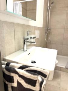 une salle de bains avec un lavabo blanc et une douche dans l'établissement Luxus Studio Apartment am Bodensee, à Güttingen