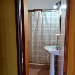 Cabañas Ayllu في لاس رابوناس: حمام مع مغسلة وستارة دش