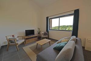 ein Wohnzimmer mit Couch und großem Fenster in der Unterkunft La maison du merle bleu in Quintillan