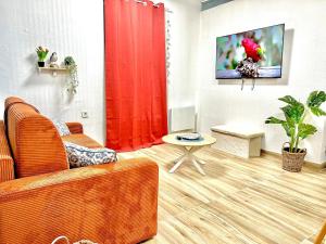 un salon avec un canapé et une table dans l'établissement L'Envolée, centre ville parking gratuit, à Villeneuve-sur-Yonne