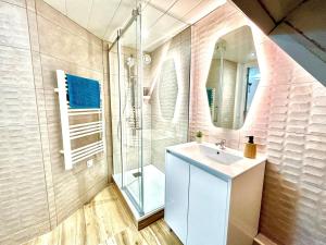 une salle de bain avec un lavabo, une douche et un miroir dans l'établissement L'Envolée, centre ville parking gratuit, à Villeneuve-sur-Yonne