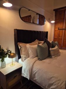 a bedroom with a bed with pillows and a mirror at Under the Maple in Rawsonville
