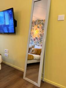 Cette chambre comprend un miroir, un canapé et une télévision. dans l'établissement la bonbonnière Jaune, à Caen