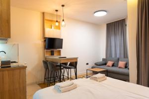 a hotel room with a bed and a table and a couch at Apartmani Central & Free parking in Vrnjačka Banja