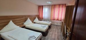 een hotelkamer met twee bedden en een raam bij Pension M in Neurenberg