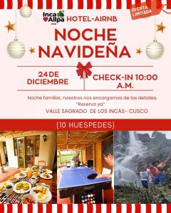 Un volante de un hotel con una mesa con comida. en Hotel and Country House Valle Sagrado de los Incas, en Huaran