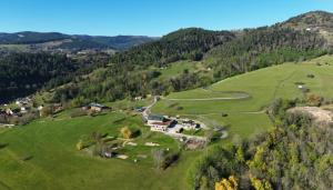 een luchtzicht op een huis op een groene heuvel bij Domaine Le H in Hohrod