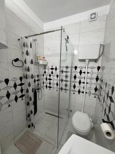a white bathroom with a shower and a toilet at Apartman Tijana in Ruma
