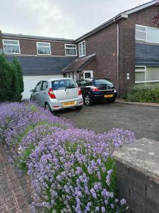 dos autos estacionados en un estacionamiento con flores púrpuras en Wansley Manor Hotel, en Birmingham