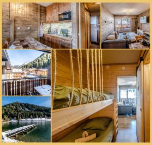 a collage of pictures of a cabin with a bed at L'Alpenlake I Studio I Châtel in Châtel